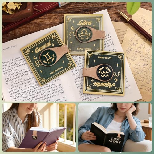 3 PCS Leather Magnetic Bookmark Clips, Zodiac PU Leather Bookmarks for Book Lovers, Full Set of Book Clip Accessories, Wind Direction Constellation - style: Air Signs Constellation