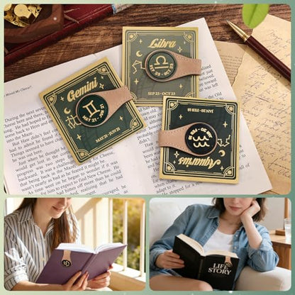 3 PCS Leather Magnetic Bookmark Clips, Zodiac PU Leather Bookmarks for Book Lovers, Full Set of Book Clip Accessories, Wind Direction Constellation - style: Air Signs Constellation