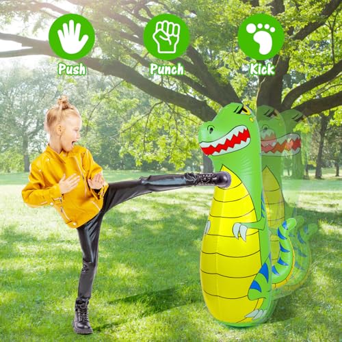 Punching Bag for Kids 47" Inflatable Dinosaur Bop Bag with Thicker Material Instant Bounce Back with Boxing Gloves Karate Kickboxing Taekwondo Kids Gift for Age 3-9 Girls & Boys - color: Green
