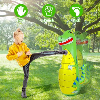 Punching Bag for Kids 47" Inflatable Dinosaur Bop Bag with Thicker Material Instant Bounce Back with Boxing Gloves Karate Kickboxing Taekwondo Kids Gift for Age 3-9 Girls & Boys - color: Green