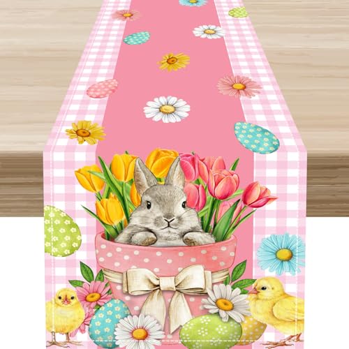 Easter Table Runner, Vintage Pink White Buffalo Check Plaid Easter Egg Bunny Chick Daisy Tulip Floral Table Decor Spring Summer Home Kitchen Dining Room Indoor Outdoor Decorations 13x36 inch - color: Easter-6, size: 13x36" Table Runner