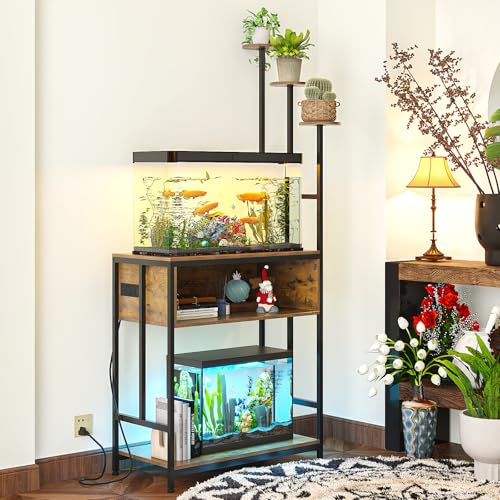 Aquarium Stand with Plant Shelves,20-Gallon Fish Tank Stand with 2-Tier Storage and Display Racks,Metal Frame Reptile Tank Table with Tall Plant Holders,Industrial Rack for Home,Office