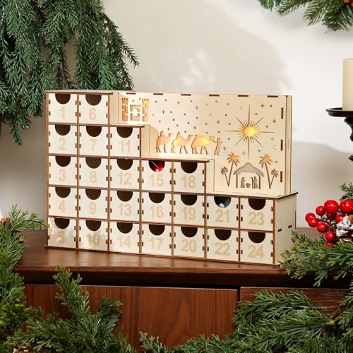 Nuanchu Lighted Christmas Wooden Advent Calendar with 24 Drawers DIY Empty Advent Calendars to Fill Countdown to 2026 Christmas Reusable Nativity Scene Decor Make Your Own Gifts Box for Xmas Adults