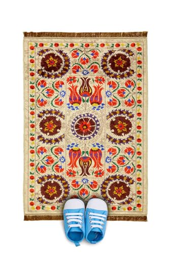 SODEF Prayer Rug Cream Velvet Kids Seccade and Play Mat One Size Polyester Chenille Base Soft Comfortable Muslim Prayer Mat for Children - Karışık