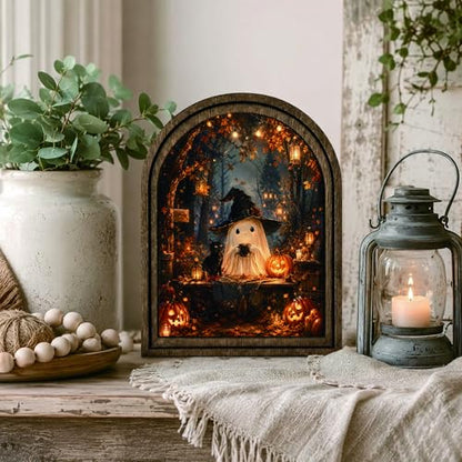 Ghost Witch Coffee Arched Decor, Halloween Cat Table Sign, 5.9x7.9 - color: Pumpkin Ghost