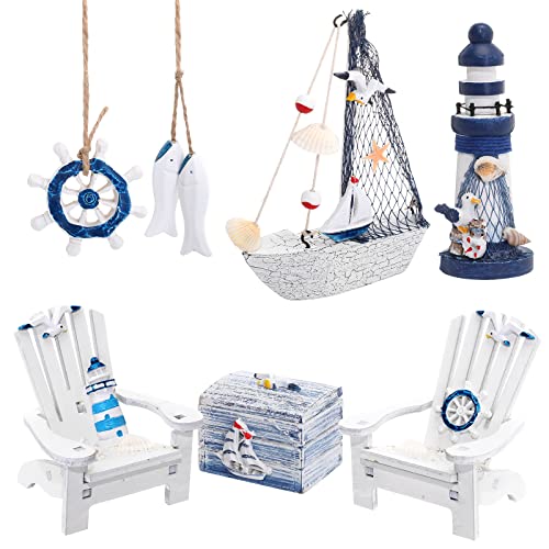 7 Pieces Wooden Box Wooden Lighthouse Mini Sailboat Anchor Fish Hanging Starfish Model Spring Summer Easter Tree Ornament Decoration Aquarium Decor Landscape Tank Ornament Office Mini Garden Landscape - style: Classic