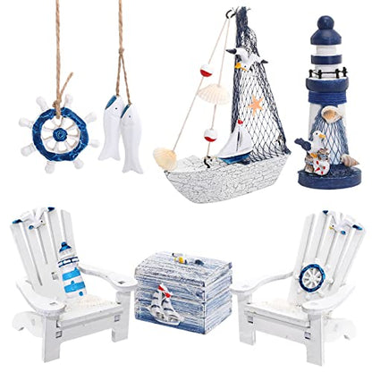 7 Pieces Wooden Box Wooden Lighthouse Mini Sailboat Anchor Fish Hanging Starfish Model Spring Summer Easter Tree Ornament Decoration Aquarium Decor Landscape Tank Ornament Office Mini Garden Landscape - style: Classic