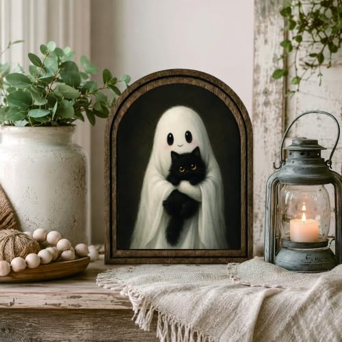 Ghost Black Cat Arched Decor, Cute Halloween Sign - color: Ghost Holding Black Cat