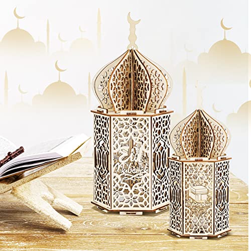 Jetec 5 Pcs Eid Ramadan Mubarak Decoration Large Size 14'' 10'' 10'' Ramadan Lantern Light 7'' Wooden Eid Mubarak Table Sign Hollow Moon Star Design Ramadhan Decoration for Home Islam Muslim Decor