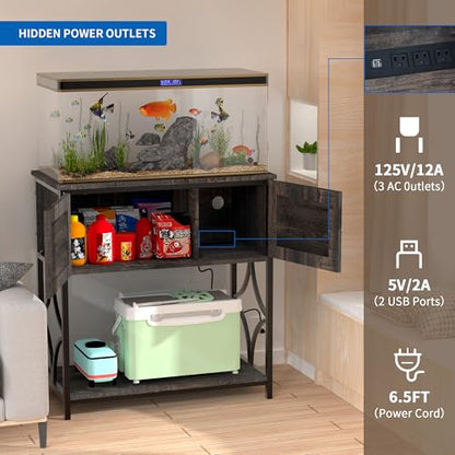 20-29 Gallon Fish Tank Stand, Aquarium Stand with Power Outlets &LED Light, Metal Frame Fish Tank Stand with Cabinet Accessories Storage, 30.7" L*15.7" W Tabletop, 330LBS Capacity, Dark Oak - color: Dark Oak
