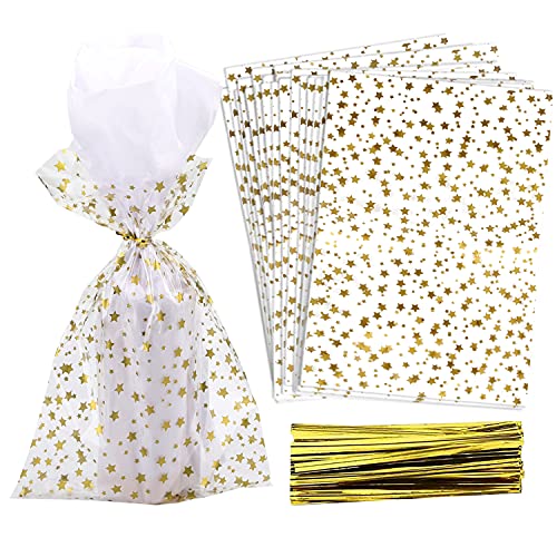 100 Pcs Star Printed 4"X 9" Gift Wrap Cello Cellophane Treat Bags Party Favor bags Clear Candy Cookie Bags Plastic Poly Goodie Storage Bags with Twist Ties for Bakery,Birthday, Wedding ,Party Decorations (Gold) - color: Gold, size: 4x9 in