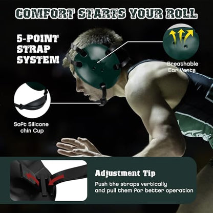 Halloscume Kids Wrestling Headgear with Adjustable Ear Guard Straps MMA Jiu Jitsu Grappling Protective Headgear for Youth Adults Men Women Comfortable Training & Tournament - color: Dark Green/Black