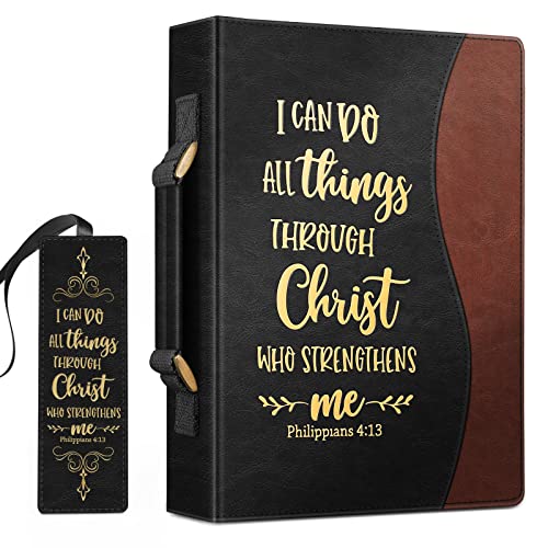FINPAC Large Classic Bible Cover Vegan Leather Carrying Book Case Church Bag Bible Protective with Handle, Gift for Men, Women, Father, Mother, Friends, Black w/Hot Stamping - color: Black and Brown