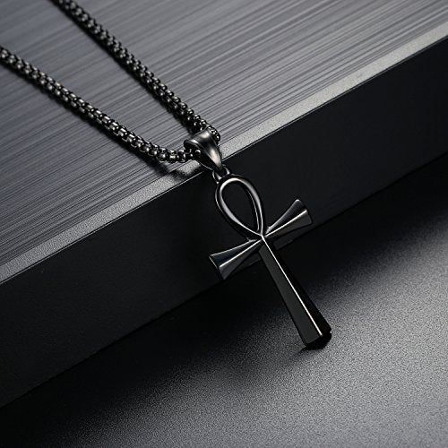 REVEMCN Reve Stainless Steel Coptic Ankh Cross Religious Pendant Necklace for Men Women, 20-24 Inches Chain - style: Black Tone: 24'' Rolo Chain