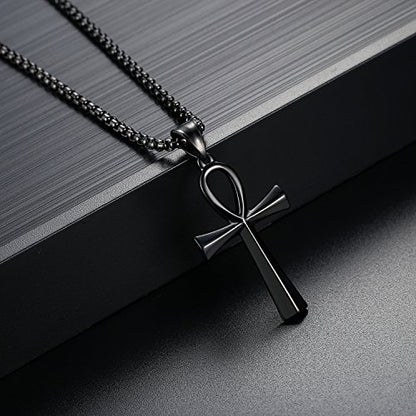 REVEMCN Reve Stainless Steel Coptic Ankh Cross Religious Pendant Necklace for Men Women, 20-24 Inches Chain - style: Black Tone: 20'' Rolo Chain