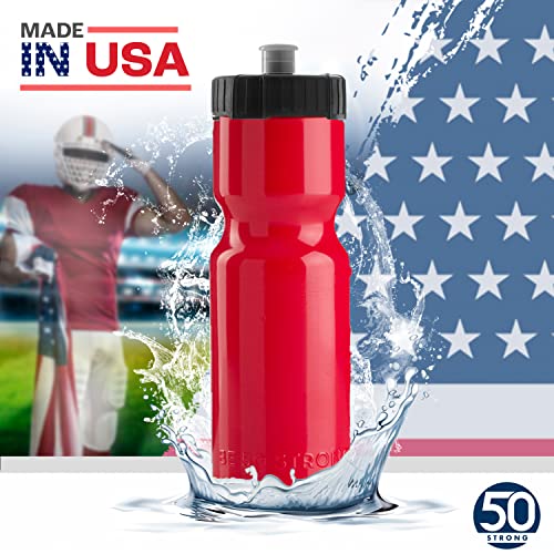50 Strong Sports Water Bottles – Reusable 22 oz BPA-Free Plastic Bottles with Pull Top Cap – Made in USA – Top Rack Dishwasher Safe – Fits Most Bike Cages Brand - color: Red, style: 2 Pack