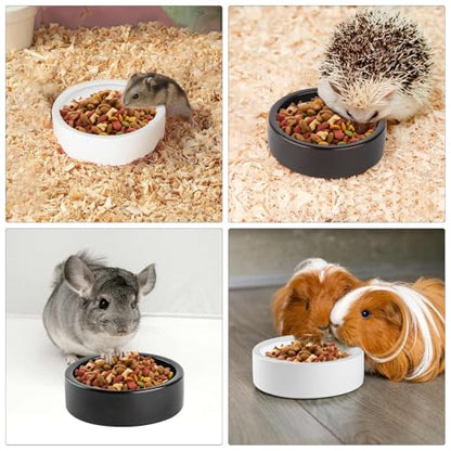 2 Pack Ceramic Bowls for Syrian Hamster & Hedgehog, 3.9" Diameter, Shallow Chew-Proof Dish, Non-Slip Base, Easy to Clean (White + Black)