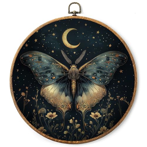 AYQJCBGC Vintage Moon Moth Round Framed Wall Art, Cottagecore Retro Canvas Wall Decor, Dark Academia Framed Prints Hanging Decor for Home Bedroom Living Room, 10x10 Inch. (006) - color: Black Moth-2