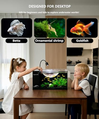 Fish Tank Kit,3.5 Gallon Small Aquarium,Ultra-Clear Nano Aquarium,Betta Fish Tank,Suitable for Small Fish Tank,Aquarium Starter kit,Desktop Fish Tank (Black Background)