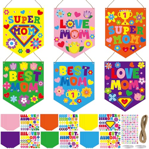 Cinrobiye 24 Sets Mother’s Day Crafts Kit,DIY Blessed Mom Banner Art Project, Best Mom Religious Crafts,Handmade Gift for Sunday School Fun Craft Classroom Activities Supplies - style: Mom