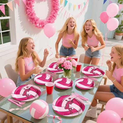 Grencian 96Pcs Pink Volleyball Party Supplies Volleyballs Paper Plates and Napkins Sports Birthday Party Disposable Tableware for Girl Volleyball Birthday Decorations Serves 24 - style: Pink Volleyball Party