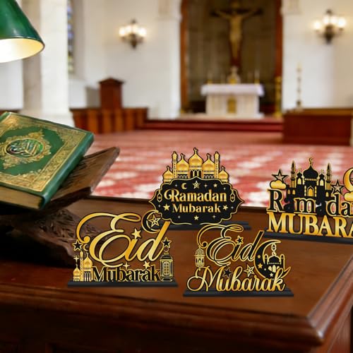 6 Pcs Ramadan Table Decor, Wooden Crescent Moon Star Eid Mubarak Decorations, Ramadan Kareem Mosque Sign Decor Gifts for Home Islamic Holiday Decorations