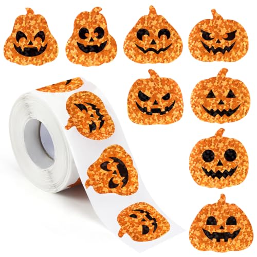 FEBSNOW 600Pcs Fall Halloween Stickers, Holographic Glitter Pumpkin Decals - style: Holographic Pumpkin