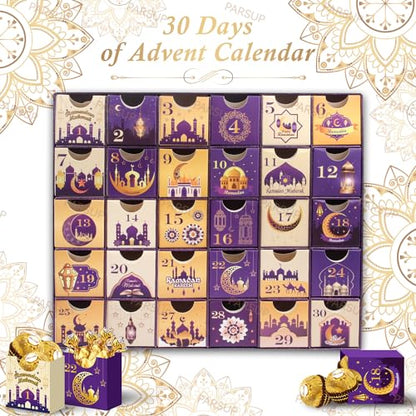 Ramadan Advent Calendar with Drawers, 30 Empty Boxes for 30 days, Eid Mubarak Coutdown Calendar Fillable Ramadan Gift, Islamic Art, Cardboard Number Storage Box, Ramadan Party Supplies - Purple