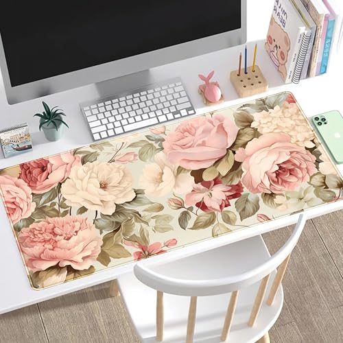 Cute Floral Desk Mat Pastel Roses Gaming Mouse Pad XXL Large Extended Flowers Desk Pad, Laptop Keyboard and Mouse Mat with Stitched Edges, Women Computer Desktop Mat Gamer Playmat 31.5x15.7 in - color: Pastel Roses