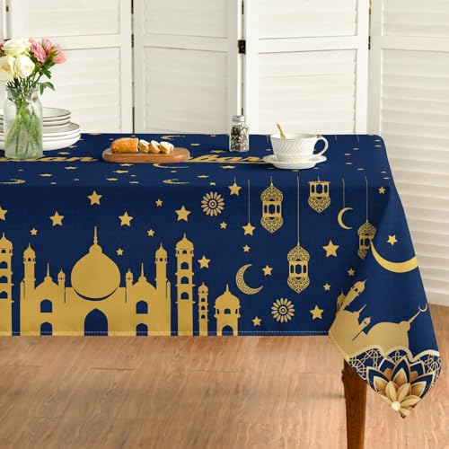 Horaldaily Ramadan Tablecloth 52×70 Inch Rectangular, Blue Gold Moon Star - size: 52" x 70" (Rectangular)