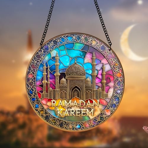KYMY Ramadan Kareem Hanging Ornament, Acrylic Muslim Islamic Arabic Round Door Pendant, Mosque Ramadan Mubarak Elegant Islamic Hanging Decorations for Arabic Eid Mubarak Wall Door Window Home Office
