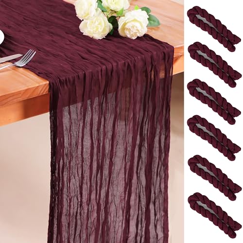 Snowkingdom 6PCS 10 Ft Burgundy Red Cheesecloth Table Runner, 120inch Long Cheese Cloth Boho Gauze Runner for Wedding Bridal Baby Shower Birthday Valentines Sheer Table Decorations - color: Burgundy, size: 10FT/6Pcs