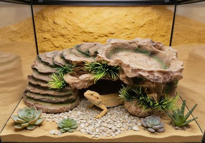 M2cbridge Reptile Hide Resting Step Ledge Cave Hideout Turtle Basking Platform – Great for Reptiles, Amphibians, and Fish (Sandy Brown) - style: Sandy Brown