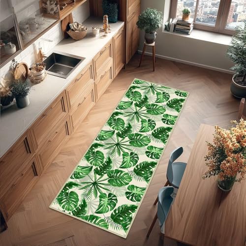 Sage Green Leaves Runner Rug 2x6,Plant Leaf Hallway Rugs Indoor Entrance Door Mat Washable Kitchen Runners,Botanical Print Accent Area Rug Non Slip Throw Carpet for Entryway Hallways Laundry,Bedroom - size: 2'x6'