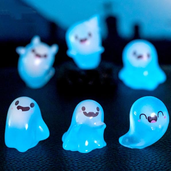 Y&ICrafts Cute Luminous Halloween Ghost Dolls, Glow in The Dark Ghost Fish Tank Aquarium Décor, Mini Ornaments for Desktop, Micro Landscape Creative Decoration Accessories (Mini, 6, PCS)