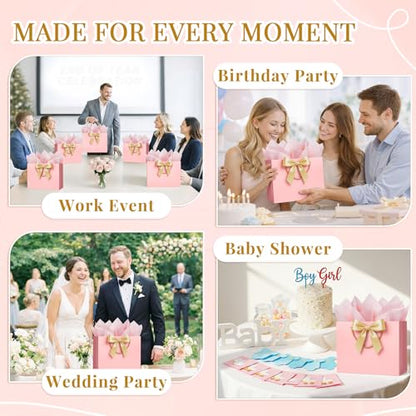 ANZNKU 2PCS Pink Gift Bags for Women, Cute Medium Gift Bags with Handles 4 Tissue Paper 2 Ribbons 2 Cards for Her Wedding Graduation Birthday Engagement Bridal & Baby Shower Party Favors Gifts Wrap - color: Elegant Pink