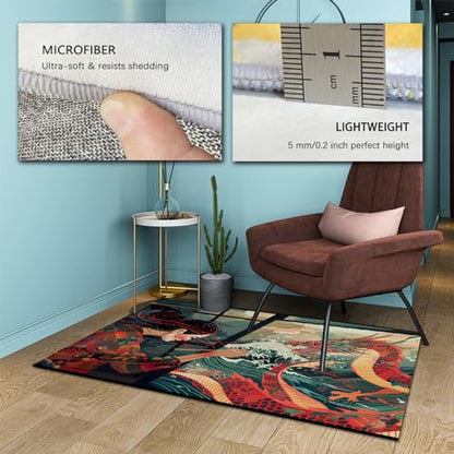 Ukiyo Style Area Rug Jackson Waves Area Rug for Home Decor Oriental Dragon and Girl Carpet for Living Room Bedroom Non Slip Rug Washable 4' x 7' - size: 4' x 7'