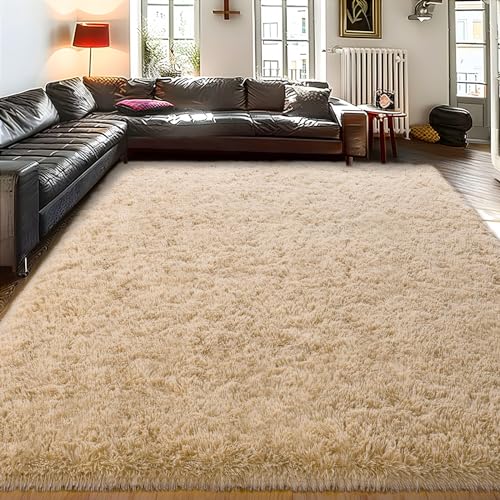 Soft Shag Fluffy Living Room Rug 5x7 Beige Washable - color: Beige, size: 5' x 7' (Rectangular)