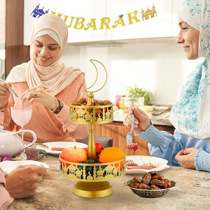 Ramadan Serving Trays - 2 Tiered Metal Platters Eid Mubarak Islam Muslim Al-Fitr Iftar Party Food Serving Tray Ramadan Decoration for Home Breakfast Dinner Table Decor (Gold Castle)