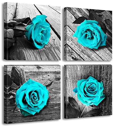 Teal Rose Canvas Wall Art Decor, 12x12 Inch Floral Black White Art for Home | Fade-Resistant Inks | Vintage Wood Texture | Solid Wood Framed | Easy Wall Mounting | Rustic Floral Decor - color: Teal Rose-4p