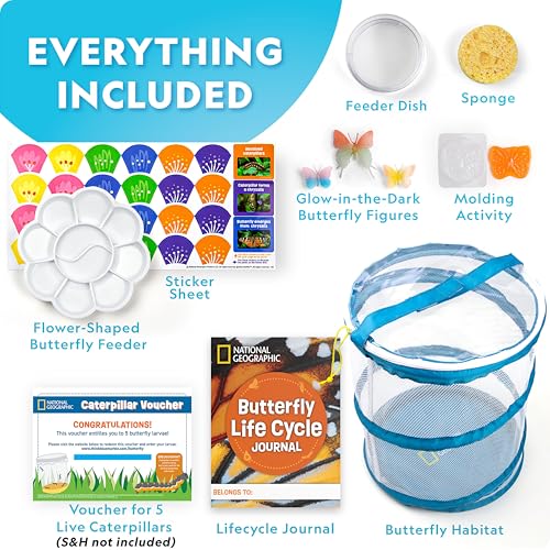 National Geographic Ultimate Butterfly Growing Kit – Butterfly Habitat Kit with Voucher to Redeem 5 Caterpillars (S&H Not Included), Glow-in-The-Dark Figures, Hands-On Activity, Outdoor Toys - style: Ultimate Butterfly Kit