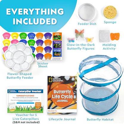 National Geographic Ultimate Butterfly Growing Kit – Butterfly Habitat Kit with Voucher to Redeem 5 Caterpillars (S&H Not Included), Glow-in-The-Dark Figures, Hands-On Activity, Outdoor Toys - style: Ultimate Butterfly Kit