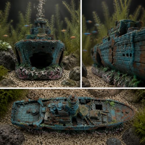 Eco-Friendly Resin Aquarium Shipwreck Decor, Realistic Sunken Ship Fish Tank Ornament, Safe Hideout & Landscaping Accessory for Betta Fish, Freshwater and Saltwater Aquariums