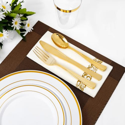 Supernal 400pcs Gold Plastic Plates for 50 Guests Heavy Duty Disposable Party Plates, 200 Gold Plastic Silverware, Linen Napkins, Clear Cups For Valentine's Day Mother's Day and Easter - color: 400pcs White and Gold Plastic Dinnerware