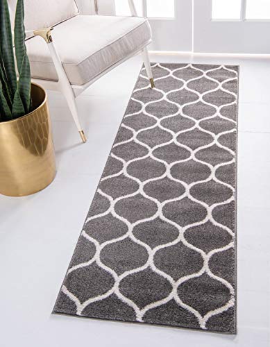 Unique Loom Trellis Frieze Collection Area Rug - Rounded (2' x 8' 8" Runner, Dark Gray/ Ivory) - color: Dark Gray/Ivory, size: 2' x 8'8" (Runner)
