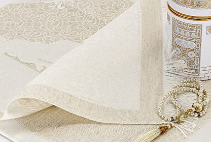 ihvan online Muslim Prayer Rug and Prayer Beads with Elegant Design Cylinder Gift Box, Janamaz, Soft Sajadah, Islamic Gifts Set, Portable Prayers Carpet Mat, Taffeta Fabric, White - color: White