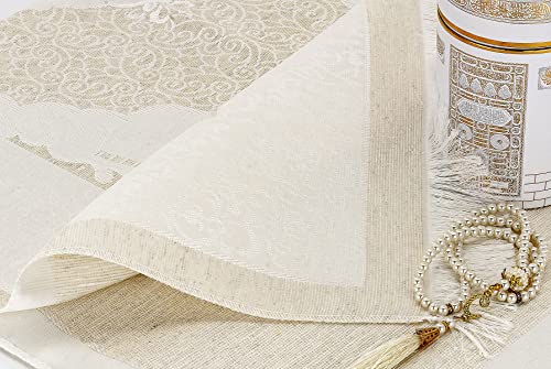 ihvan online Muslim Prayer Rug and Prayer Beads with Elegant Design Cylinder Gift Box, Janamaz, Soft Sajadah, Islamic Gifts Set, Portable Prayers Carpet Mat, Taffeta Fabric, White - color: White