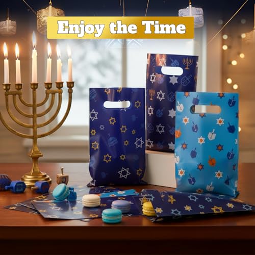 Geyoga 100 Pcs Eid Ul Fitr Gift Bags Ramadan Party Favor Bags Plastic Ramadan Blue Star of David Dreidel Treat Candy Bag with Handles for Eid Ul Fitr Party Supplies - style: Hanukkah