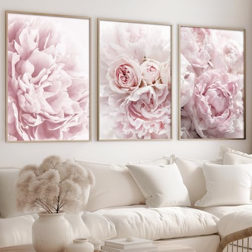 Vlolvfe Peony Flower Canvas Wall Art Pink Rose Poster Abstract Floral Painting Pink Roses Wall Art Peony Flower Picture Pink Flower Paintings for Living Room 16x24inx3 No Frame - color: Pink Rose, size: 16x24inchx3 No Frame