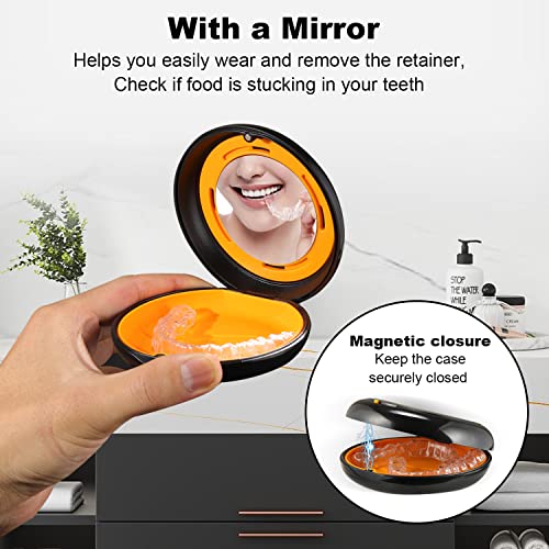 Retainer Case, Slim Aligner Case with Adjustable Vent Holes and Mirror, Compatible with Invisalign, Night Guard and Mouth Guard, Premium Retainer Case, With Aligner Remover Tool, Chew & Brush, Black - color: Round: Black